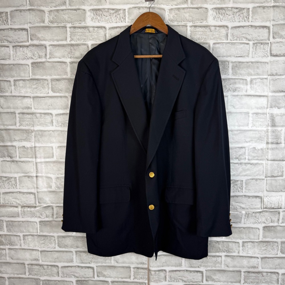 Brooks Brothers Brooksease 44R Navy Blue Wool 2 Button Blazer Gold Crest Buttons